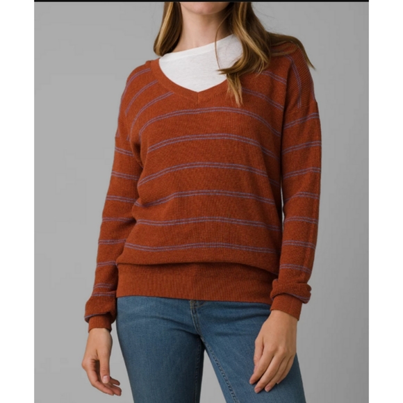 Prana Milani V Neck Gingerbread Stripe Sweater‎ - Picture 1 of 7